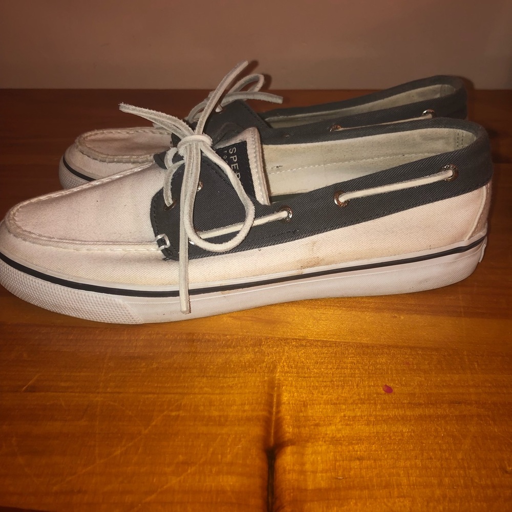 White & navy slip on sperry thick sole boat shoes